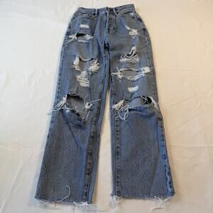 Pacsun Jeans Womens 23 Baggy Ripped Frayed High Rise Button Fly Straight Leg